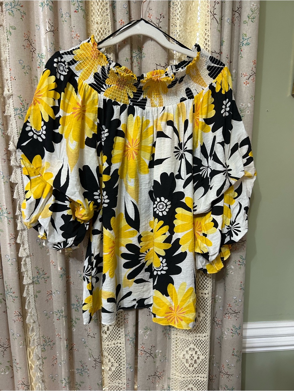 P Luca Milano Floral Peasant Blouse Medium Yellow Black Off Shoulder